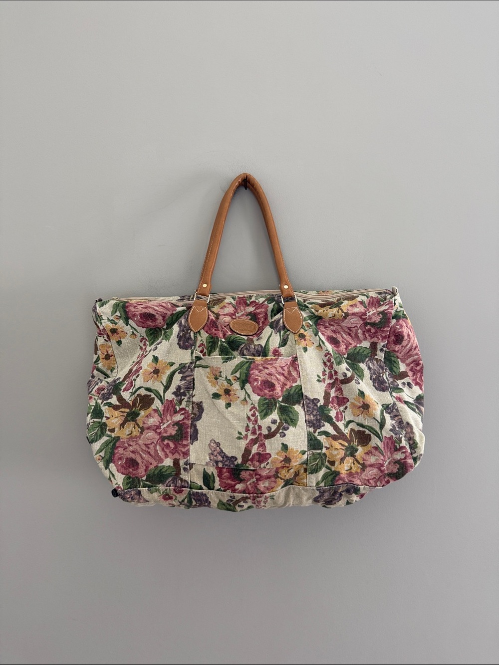 Floral Canvas Tote Bag with Tan Faux Leather Handles